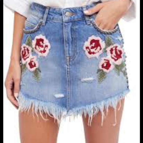 Free People Dresses & Skirts - Free People Floral Embroidered Denim Mini Skirt